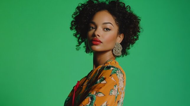 A model poses confidently in a unique outfit accentuated by the green background.