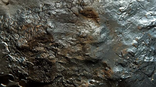 A close-up of a dark, cracked surface with patches of metallic silver, showcasing the natural beauty of metal and its transformation