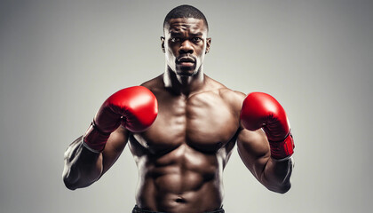 An African American heavyweight boxer poses confidently with red boxing gloves against a white background.






