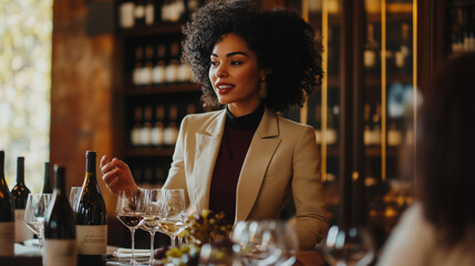 Sophisticated female sommelier leads a wine tasting session in a cellar with customers