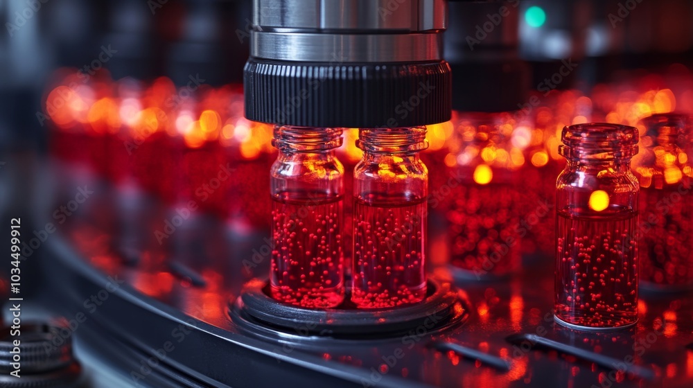 Poster a high-tech laboratory is performing analysis on bright red liquid samples contained in glass vials.