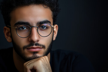 Obraz premium A young Arabian man with modern glasses and a trimmed beard rests his chin on his hand while gazing thoughtfully into the distance. The dark background adds intensity and depth to his expression.
