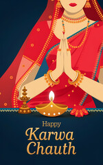 Karwa Chauth poster template with Indian woman celebrating festival in traditional attire, illustration wallpaper