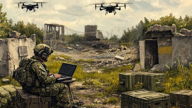 A soldier uses a laptop to monitor two drones flying over a destroyed building