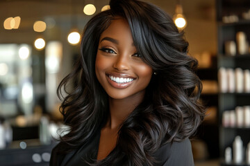 Obraz premium A stunning African American woman with glossy, wavy long hair is the star of this hair salon banner. Her hair shines under the salon lights, framing her radiant smile as she confidently poses in an