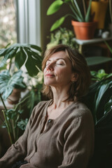Fototapeta premium A middle-aged Caucasian woman relaxes in her cozy living room, surrounded by plants and warm decor, as she enjoys soothing music. Her eyes are closed, a serene smile on her face, embodying tranquility