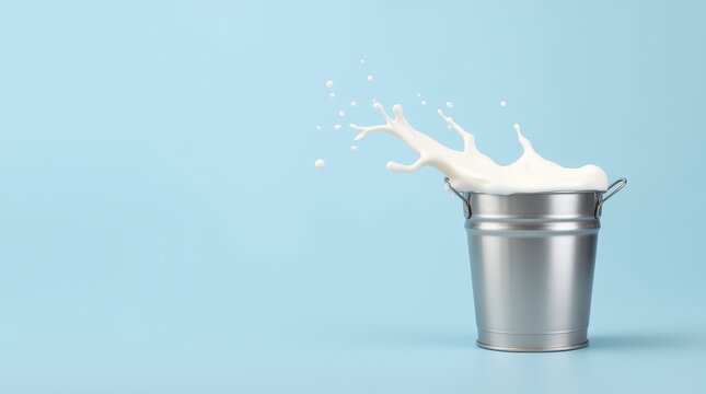 A metallic bucket overflowing with milk creates dynamic splashes against a light blue backdrop in a playful indoor setting
