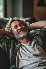 A middle-aged Caucasian man with light wavy hair and a beard lounges comfortably on his soft couch, hands behind his head, smiling widely in a tranquil home environment. The moment radiates calmness