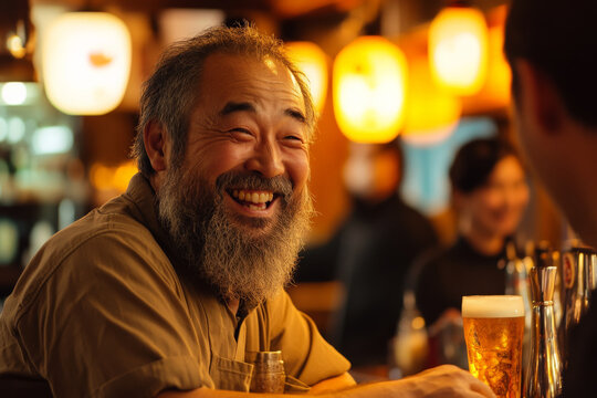 A middle-aged Japanese bartender with a thick beard and a wide smile, expertly engaging with customers at a lively pub. The warm evening lights reflect a friendly, inviting atmosphere as he serves