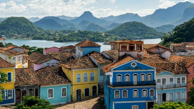 Colorful houses line the streets of a small town nestled in the mountains