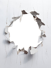 A large hole in a paper surface with uneven torn edges and scratches around it. Isolated black space inside (removed center), PNG file