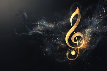 Golden treble clef on a black background with music notes.