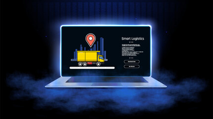 A laptop displays smart logistics software with a yellow delivery truck and tracking location symbol on a dark, clouded background