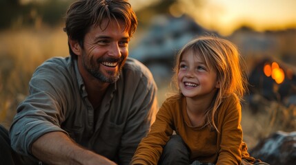 Fototapeta premium A father and his young daughter are sitting in a grassy area near a campfire, laughing and enjoying the warm sunset light. Their bond is evident in this heartfelt moment.