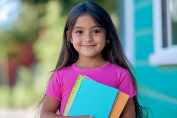 Fototapeta premium A young Hispanic girl with long dark hair, wearing a pink t-shirt, holds colorful notebooks outside her school. Her eager expression, combined with the bright colors of her surroundings, signals her