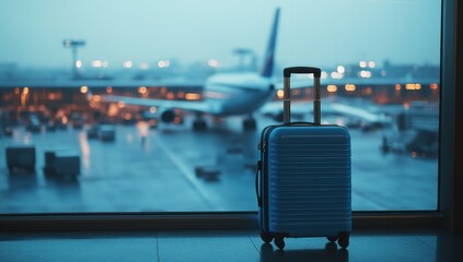 Obraz premium A blue suitcase stands in front of the window, with an airplane blurred outside and the airport interior in the background Generative AI