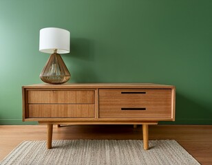 a calming nature inspired green background shows a mid century modern wooden bedside table with a simple modern lamp warm wood tones contrast with light green 16 9