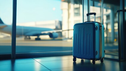 A blue suitcase stands in front of the window Outside, an airplane is blurred by motion Generative AI