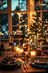 A cozy winter evening scene where friends sit together at a beautifully set table, adorned with festive decorations and illuminated by warm lights. Their cheerful expressions capture the joy of