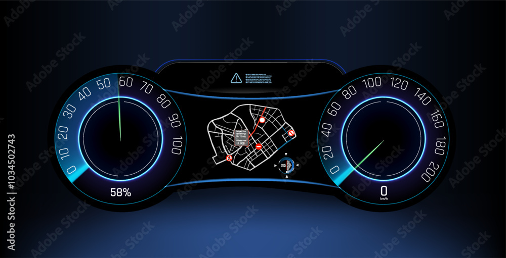Poster high-tech vehicle dashboard display showing speed and navigation in a dark setting