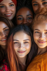 Fototapeta premium A group of diverse women stands in close proximity, their faces lit by soft, warm light. Their smiles convey a quiet strength and warmth, representing unity in diversity.