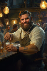 A Caucasian bartender with a thick beard and sparkling eyes, middle-aged and full of energy, engages warmly with patrons at a lively pub. The evening glow creates a friendly and welcoming setting for