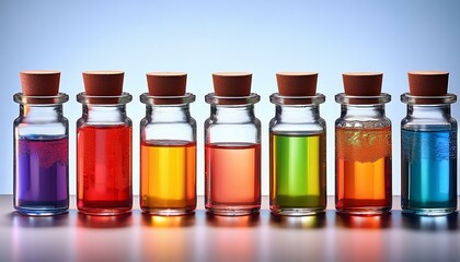 a row of glass jars filled with colorful liquids