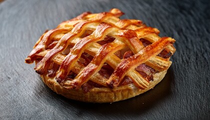 a savory pastry topped with a woven lattice of crispy bacon