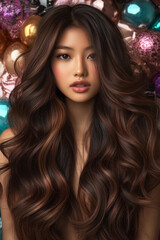 Fototapeta premium A stunning young woman of Asian descent with long, wavy hair takes the spotlight in this hair salon banner. Her hair appears silky and luminous, perfectly framing her face as she poses amidst a