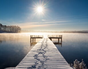 Obraz premium a solitary wooden pier on a snowy lake under a hazy sun evoking a quiet winter s day