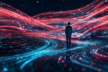 A business professional stands confidently amidst swirling holographic global data flows on a sleek black background. The scene represents their role in navigating the complexities of international