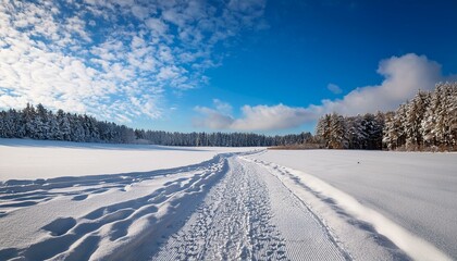 Fototapeta premium a sweeping view of a snow covered field leading to a forest under a bright blue sky with fluffy clouds