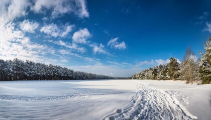 a sweeping view of a snow covered field leading to a forest under a bright blue sky with fluffy clouds