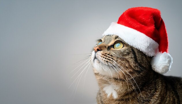 a tabby cat wearing a red santa hat and looking up isolated on gray wall background flat light design free space copy space close up portrait of a cute pet looking out the window at the snow