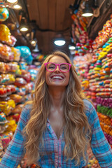 Fototapeta premium A Caucasian woman with long blonde hair, pink glasses, and a plaid shirt stands joyfully in the middle of a colorful candy store. Her joyful expression and the vivid sweets around her create a festive