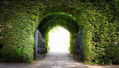 an archway covered in lush green foliage with open iron gates