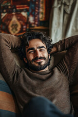Fototapeta premium A middle-aged Arabian man with wavy dark hair and a beard reclines on a soft couch, hands behind his head, smiling peacefully. The cozy home setting enhances his sense of comfort and tranquility.