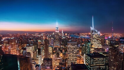 Naklejka premium beautiful city skyline at night with bright city lights showcasing a vibrant metropolis and busy streets below
