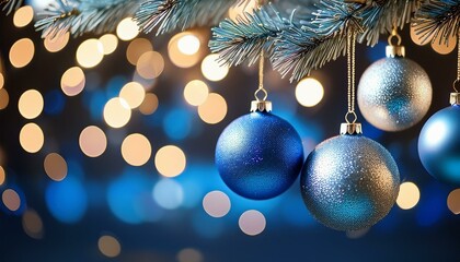 blue christmas ornaments in vibrant blue and silver hanging tree branch with warm bokeh lights glowing softly in the evening light
