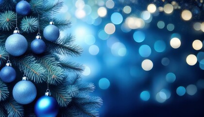 christmas tree with ornaments in blue and bokeh lights defucused holiday christmas background