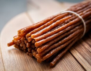 close up of thin brown meat sticks stacked on a table