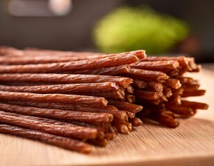 close up of thin brown meat sticks stacked on a table