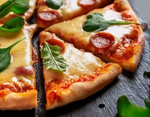 close up slices of freshly baked pizza macro melted cheese greens and other ingredients appetizing food photography for italian restaurant menu