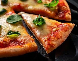 close up slices of freshly baked pizza macro melted cheese greens and other ingredients appetizing food photography for italian restaurant menu