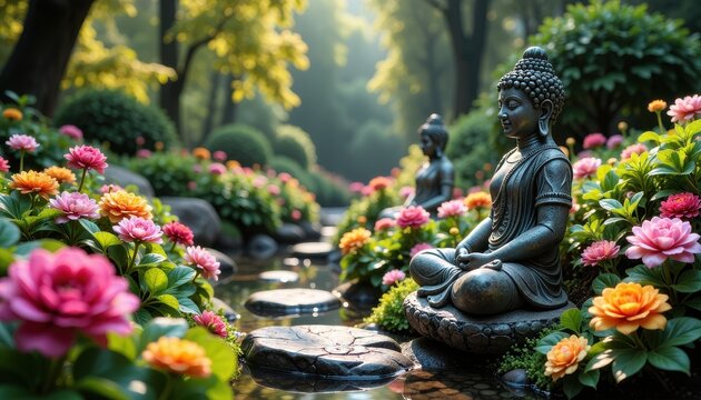 A vibrant garden filled with blooming flowers and stone deities in peaceful meditation.