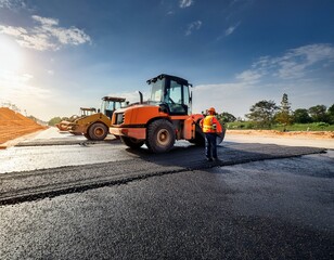 construction site is laying new asphalt road pavement road construction workers and road...