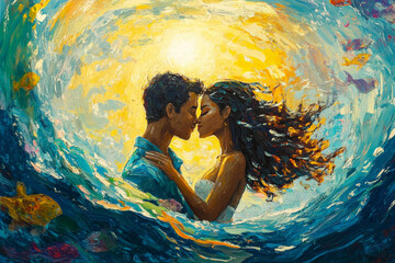 Fototapeta premium This vibrant scene features a lovely Brazilian couple kissing while swimming in the ocean, the sun shining brightly above them. Their playful interactions and radiant smiles reflect their deep