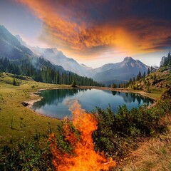 Obraz premium fire in the mountain and lake