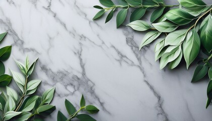 green branches and leaves on gray marble background wallpaper banner with copy space floral frame for lettering announcement or wedding decor borders with green plants
