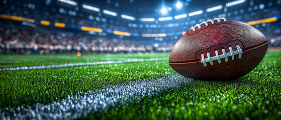 American football lying on field with stadium lights at night, copy space